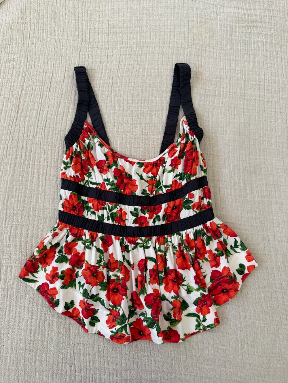 Anthropologie Red Floral Peplum Tank with Black Trim